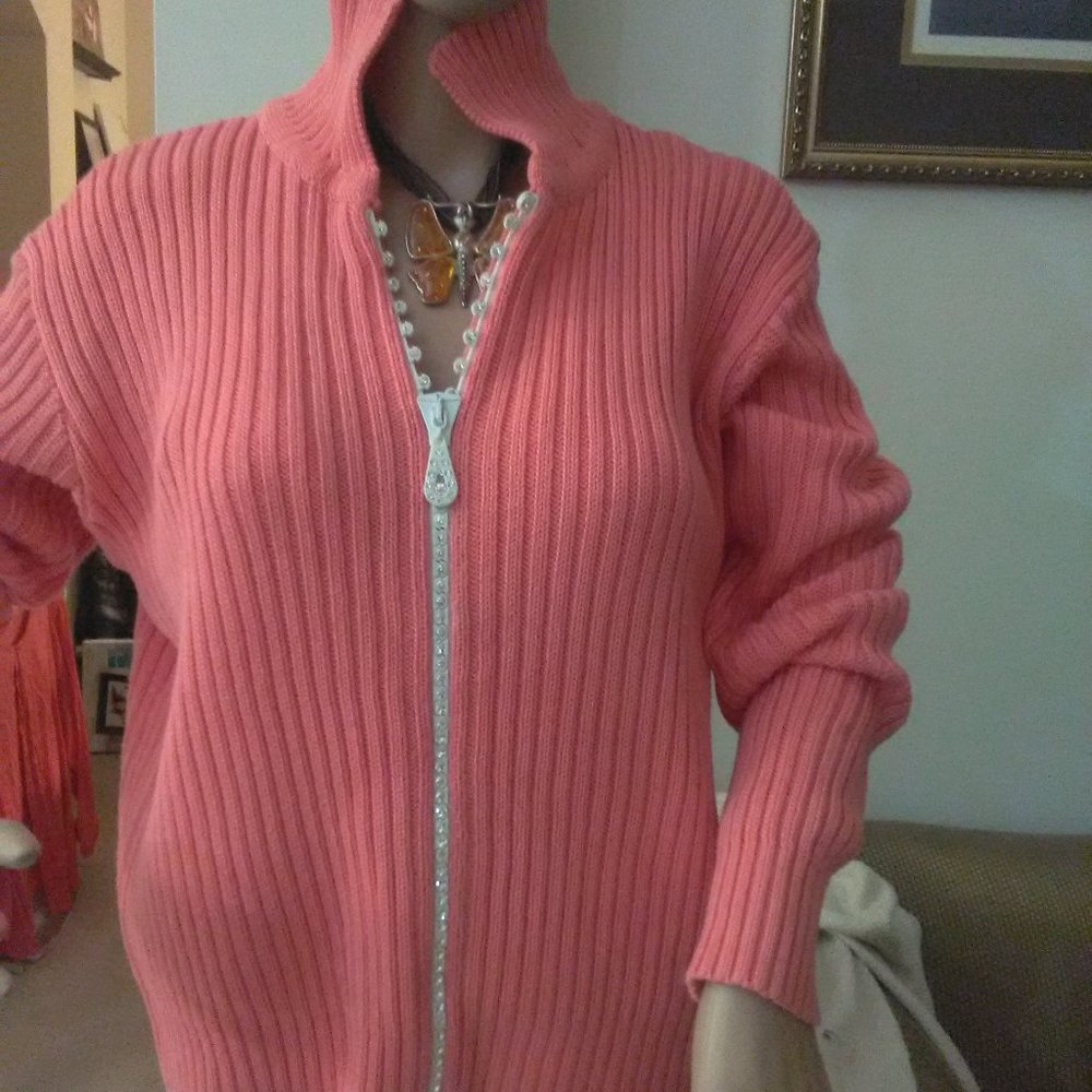 VINTAGE BEAUTIFUL PEACHY VON SAKEN LG ZIP UP SWEATER 100% COTTON RHINESTONES - Picture 7 of 7